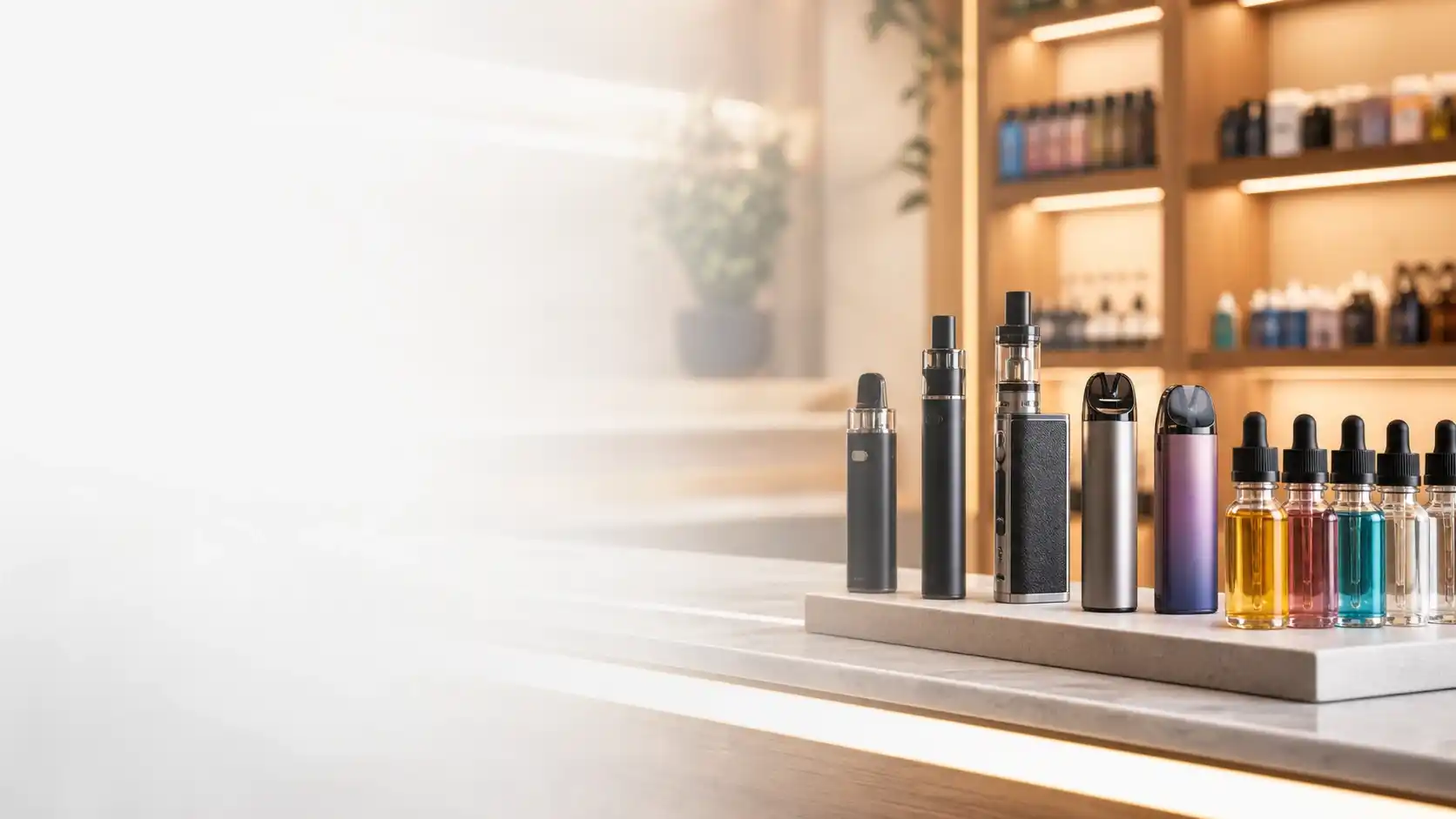 Cigarettes électroniques et e-liquides présentés dans une boutique spécialisée