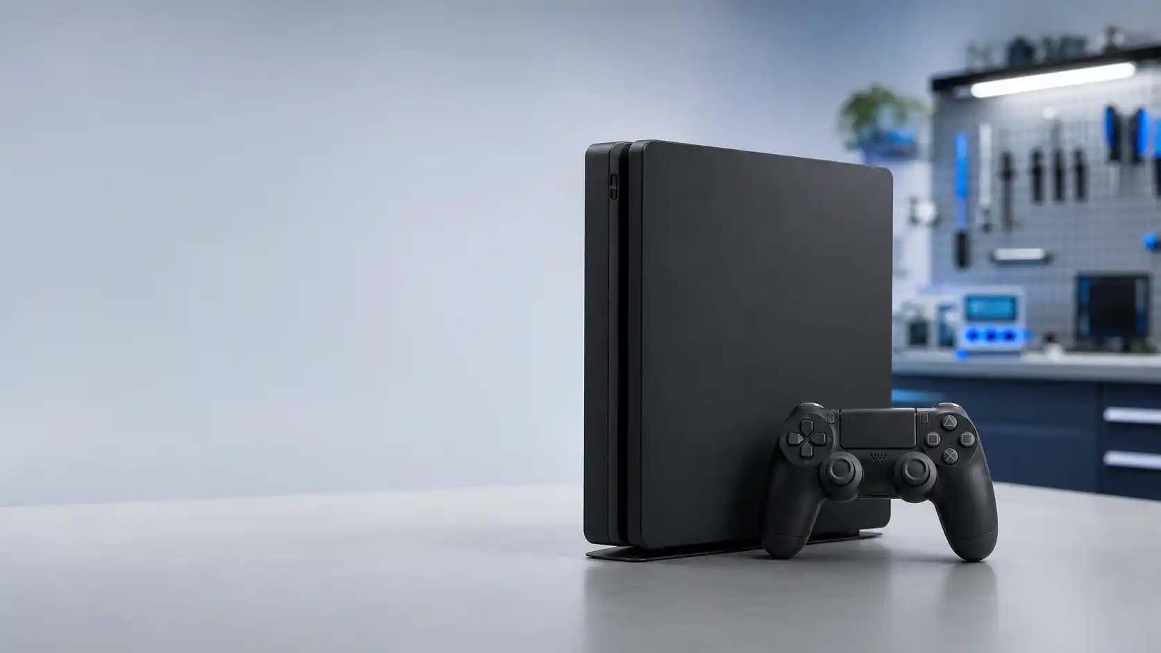 PlayStation 4 intacte avec sa manette dans un atelier de réparation