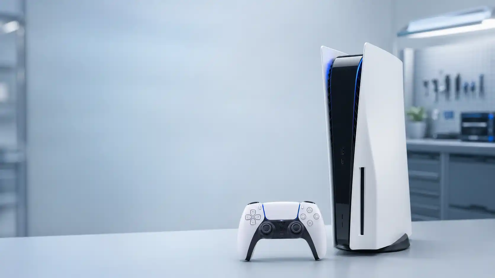 PlayStation 5 intacte avec sa manette dans un atelier de réparation