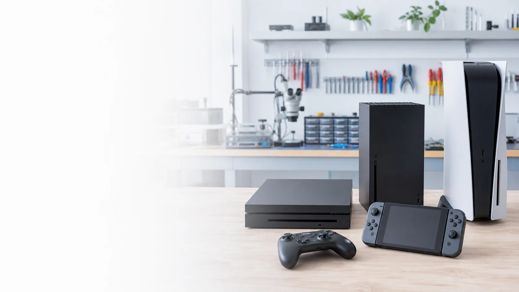 Consoles de jeux prises en charge dans un atelier de réparation