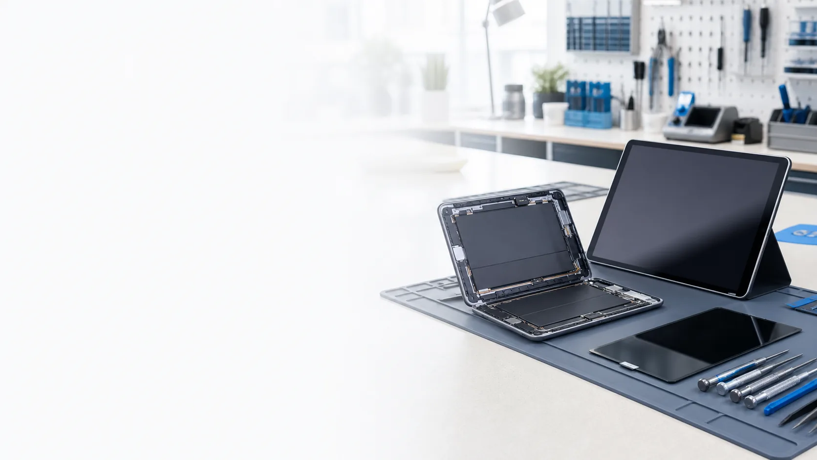 Tablettes prises en charge dans un atelier de réparation