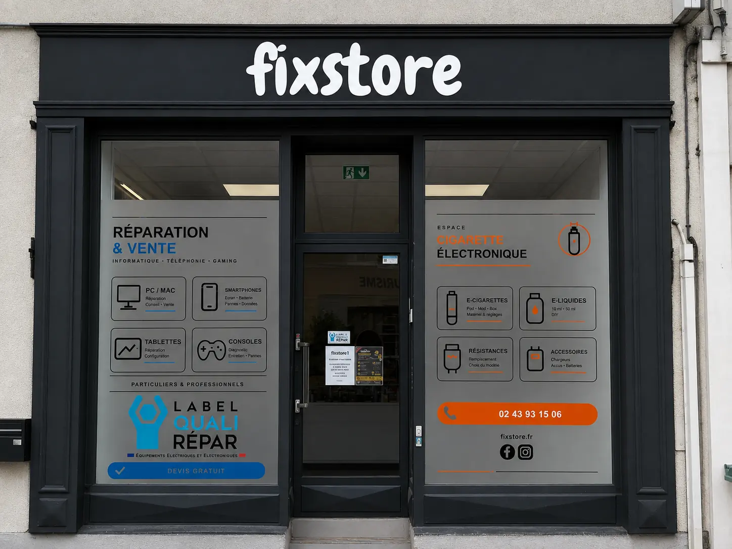 Nouvelle façade de Fixstore à Vibraye avec les vitrophanies réparation et cigarette électronique