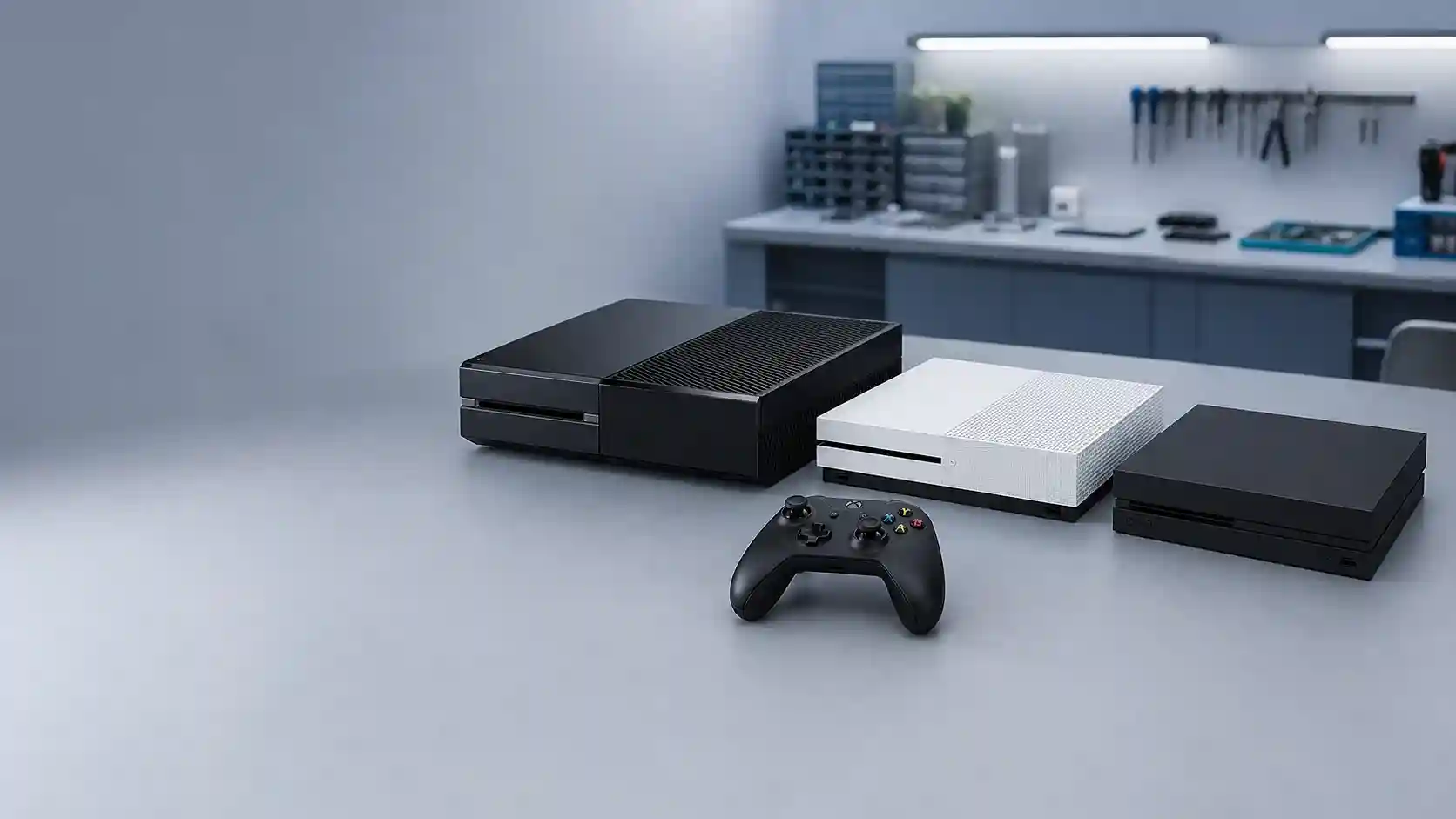 Xbox One, One S et One X intactes avec une manette dans un atelier